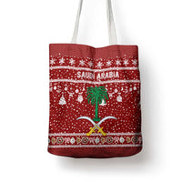 Saudi Arabia Christmas Tote Bag with Red Festive Pattern, National Emblem with Palm and Swords, and Map Motif - Wonder Print Shop