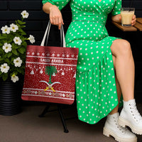 Saudi Arabia Christmas Tote Bag with Red Festive Pattern, National Emblem with Palm and Swords, and Map Motif - Wonder Print Shop