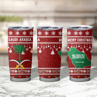 Saudi Arabia Christmas Tumbler Cup with Red Festive Pattern, National Emblem with Palm and Swords, and Map Motif - Wonder Print Shop