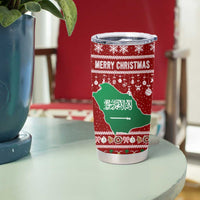 Saudi Arabia Christmas Tumbler Cup with Red Festive Pattern, National Emblem with Palm and Swords, and Map Motif - Wonder Print Shop