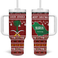 Saudi Arabia Christmas Tumbler With Handle with Red Festive Pattern, National Emblem with Palm and Swords, and Map Motif - Wonder Print Shop