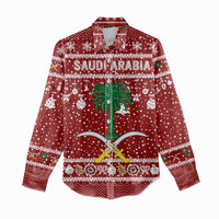 Saudi Arabia Christmas Women Casual Shirt with Red Festive Pattern, National Emblem with Palm and Swords, and Map Motif - Wonder Print Shop