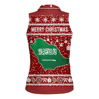 Saudi Arabia Christmas Women Sleeveless Polo Shirt with Red Festive Pattern, National Emblem with Palm and Swords, and Map Motif - Wonder Print Shop