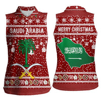 Saudi Arabia Christmas Women Sleeveless Polo Shirt with Red Festive Pattern, National Emblem with Palm and Swords, and Map Motif - Wonder Print Shop