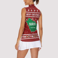 Saudi Arabia Christmas Women Sleeveless Polo Shirt with Red Festive Pattern, National Emblem with Palm and Swords, and Map Motif - Wonder Print Shop