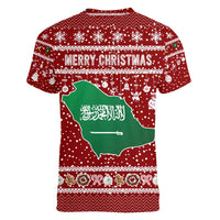 Saudi Arabia Christmas Women V-Neck T-Shirt with Red Festive Pattern, National Emblem with Palm and Swords, and Map Motif - Wonder Print Shop