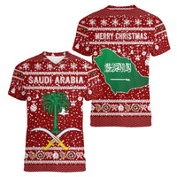 Saudi Arabia Christmas Women V-Neck T-Shirt with Red Festive Pattern, National Emblem with Palm and Swords, and Map Motif - Wonder Print Shop
