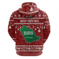 Saudi Arabia Christmas Zip Hoodie with Red Festive Pattern, National Emblem with Palm and Swords, and Map Motif - Wonder Print Shop