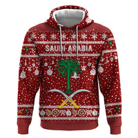 Saudi Arabia Christmas Zip Hoodie with Red Festive Pattern, National Emblem with Palm and Swords, and Map Motif - Wonder Print Shop