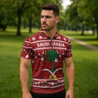 Saudi Arabia Christmas Zipper Polo Shirt with Red Festive Pattern, National Emblem with Palm and Swords, and Map Motif - Wonder Print Shop
