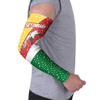 Seychelles Christmas Arm Sleeves with Flag Colors Pattern, Tropical Bird Motif, and National Coat of Arms - Wonder Print Shop