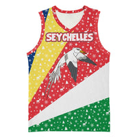 Seychelles Christmas Basketball Jersey with Flag Colors Pattern, Tropical Bird Motif, and National Coat of Arms - Wonder Print Shop