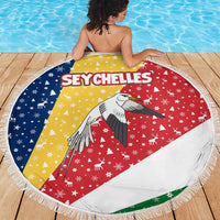 Seychelles Christmas Beach Blanket with Flag Colors Pattern, Tropical Bird Motif, and National Coat of Arms - Wonder Print Shop