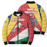 Seychelles Christmas Bomber Puffer Jacket with Flag Colors Pattern, Tropical Bird Motif, and National Coat of Arms - Wonder Print Shop