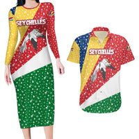 Seychelles Christmas Couples Matching Long Sleeve Bodycon Dress and Hawaiian Shirt with Flag Colors Pattern, Tropical Bird Motif, and National Coat of Arms - Wonder Print Shop