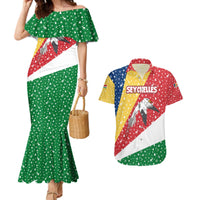 Seychelles Christmas Couples Matching Mermaid Dress and Hawaiian Shirt with Flag Colors Pattern, Tropical Bird Motif, and National Coat of Arms - Wonder Print Shop
