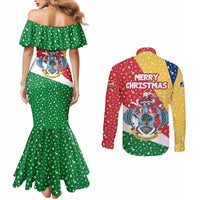 Seychelles Christmas Couples Matching Mermaid Dress and Long Sleeve Button Shirt with Flag Colors Pattern, Tropical Bird Motif, and National Coat of Arms - Wonder Print Shop