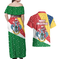 Seychelles Christmas Couples Matching Off Shoulder Maxi Dress and Hawaiian Shirt with Flag Colors Pattern, Tropical Bird Motif, and National Coat of Arms - Wonder Print Shop