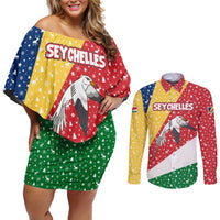 Seychelles Christmas Couples Matching Off Shoulder Short Dress and Long Sleeve Button Shirt with Flag Colors Pattern, Tropical Bird Motif, and National Coat of Arms - Wonder Print Shop