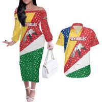 Seychelles Christmas Couples Matching Off The Shoulder Long Sleeve Dress and Hawaiian Shirt with Flag Colors Pattern, Tropical Bird Motif, and National Coat of Arms - Wonder Print Shop