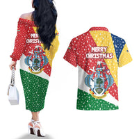 Seychelles Christmas Couples Matching Off The Shoulder Long Sleeve Dress and Hawaiian Shirt with Flag Colors Pattern, Tropical Bird Motif, and National Coat of Arms - Wonder Print Shop