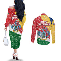 Seychelles Christmas Couples Matching Off The Shoulder Long Sleeve Dress and Long Sleeve Button Shirt with Flag Colors Pattern, Tropical Bird Motif, and National Coat of Arms - Wonder Print Shop