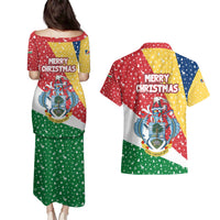 Seychelles Christmas Couples Matching Puletasi and Hawaiian Shirt with Flag Colors Pattern, Tropical Bird Motif, and National Coat of Arms - Wonder Print Shop