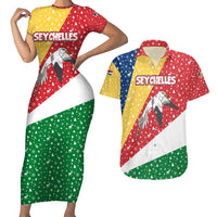 Seychelles Christmas Couples Matching Short Sleeve Bodycon Dress and Hawaiian Shirt with Flag Colors Pattern, Tropical Bird Motif, and National Coat of Arms - Wonder Print Shop