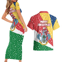Seychelles Christmas Couples Matching Short Sleeve Bodycon Dress and Hawaiian Shirt with Flag Colors Pattern, Tropical Bird Motif, and National Coat of Arms - Wonder Print Shop