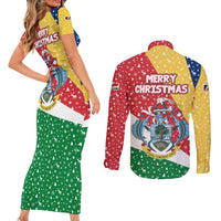 Seychelles Christmas Couples Matching Short Sleeve Bodycon Dress and Long Sleeve Button Shirt with Flag Colors Pattern, Tropical Bird Motif, and National Coat of Arms - Wonder Print Shop