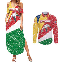 Seychelles Christmas Couples Matching Summer Maxi Dress and Long Sleeve Button Shirt with Flag Colors Pattern, Tropical Bird Motif, and National Coat of Arms - Wonder Print Shop