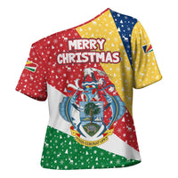 Seychelles Christmas Cross Shoulder Shirt with Flag Colors Pattern, Tropical Bird Motif, and National Coat of Arms - Wonder Print Shop