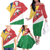Seychelles Christmas Family Matching Off The Shoulder Long Sleeve Dress and Hawaiian Shirt with Flag Colors Pattern, Tropical Bird Motif, and National Coat of Arms - Wonder Print Shop