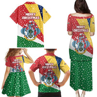 Seychelles Christmas Family Matching Puletasi and Hawaiian Shirt with Flag Colors Pattern, Tropical Bird Motif, and National Coat of Arms - Wonder Print Shop