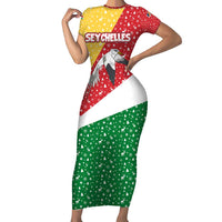 Seychelles Christmas Family Matching Short Sleeve Bodycon Dress and Hawaiian Shirt with Flag Colors Pattern, Tropical Bird Motif, and National Coat of Arms - Wonder Print Shop