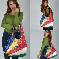 Seychelles Christmas Grocery Bag with Flag Colors Pattern, Tropical Bird Motif, and National Coat of Arms - Wonder Print Shop