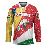 Seychelles Christmas Hockey Jersey with Flag Colors Pattern, Tropical Bird Motif, and National Coat of Arms - Wonder Print Shop