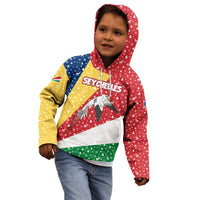 Seychelles Christmas Kid Hoodie with Flag Colors Pattern, Tropical Bird Motif, and National Coat of Arms - Wonder Print Shop