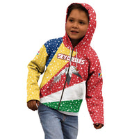 Seychelles Christmas Kid Hoodie with Flag Colors Pattern, Tropical Bird Motif, and National Coat of Arms - Wonder Print Shop
