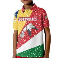 Seychelles Christmas Kid Polo Shirt with Flag Colors Pattern, Tropical Bird Motif, and National Coat of Arms - Wonder Print Shop