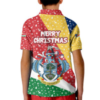 Seychelles Christmas Kid Polo Shirt with Flag Colors Pattern, Tropical Bird Motif, and National Coat of Arms - Wonder Print Shop