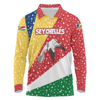 Seychelles Christmas Long Sleeve Polo Shirt with Flag Colors Pattern, Tropical Bird Motif, and National Coat of Arms - Wonder Print Shop