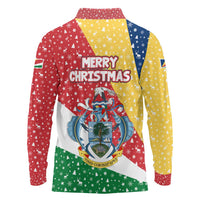 Seychelles Christmas Long Sleeve Polo Shirt with Flag Colors Pattern, Tropical Bird Motif, and National Coat of Arms - Wonder Print Shop