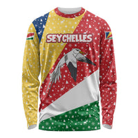 Seychelles Christmas Long Sleeve Shirt with Flag Colors Pattern, Tropical Bird Motif, and National Coat of Arms - Wonder Print Shop