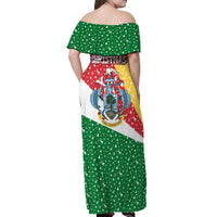 Seychelles Christmas Off Shoulder Maxi Dress with Flag Colors Pattern, Tropical Bird Motif, and National Coat of Arms - Wonder Print Shop