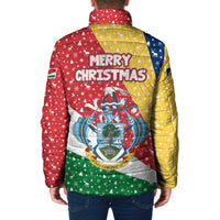 Seychelles Christmas Padded Jacket with Flag Colors Pattern, Tropical Bird Motif, and National Coat of Arms - Wonder Print Shop