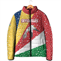 Seychelles Christmas Padded Jacket with Flag Colors Pattern, Tropical Bird Motif, and National Coat of Arms - Wonder Print Shop