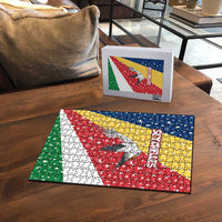 Seychelles Christmas Puzzle with Flag Colors Pattern, Tropical Bird Motif, and National Coat of Arms - Wonder Print Shop