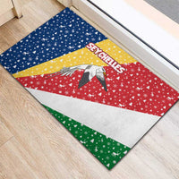 Seychelles Christmas Rubber Doormat with Flag Colors Pattern, Tropical Bird Motif, and National Coat of Arms - Wonder Print Shop