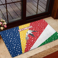 Seychelles Christmas Rubber Doormat with Flag Colors Pattern, Tropical Bird Motif, and National Coat of Arms - Wonder Print Shop